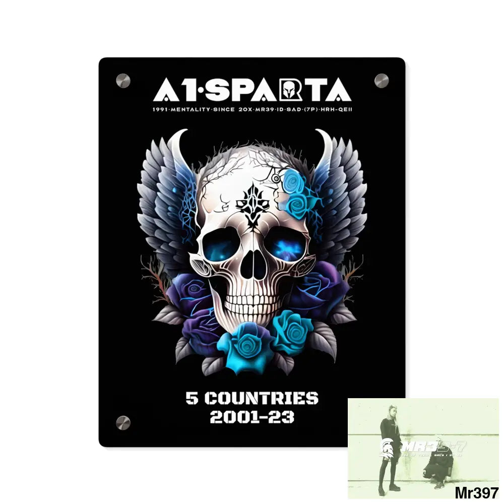 5 Countries 2001-23 A1Sparta Gothic skull wings and blue roses Acrylic Wall Art Panels 11″ x 14″ (Vertical) / 0.25’’
