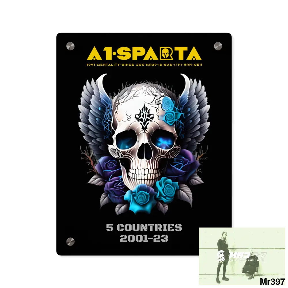 5 Countries 2001-23 A1Sparta Gothic skull wings and blue roses Acrylic Wall Art Panels 11″ x 14″ (Vertical) / 0.25’’