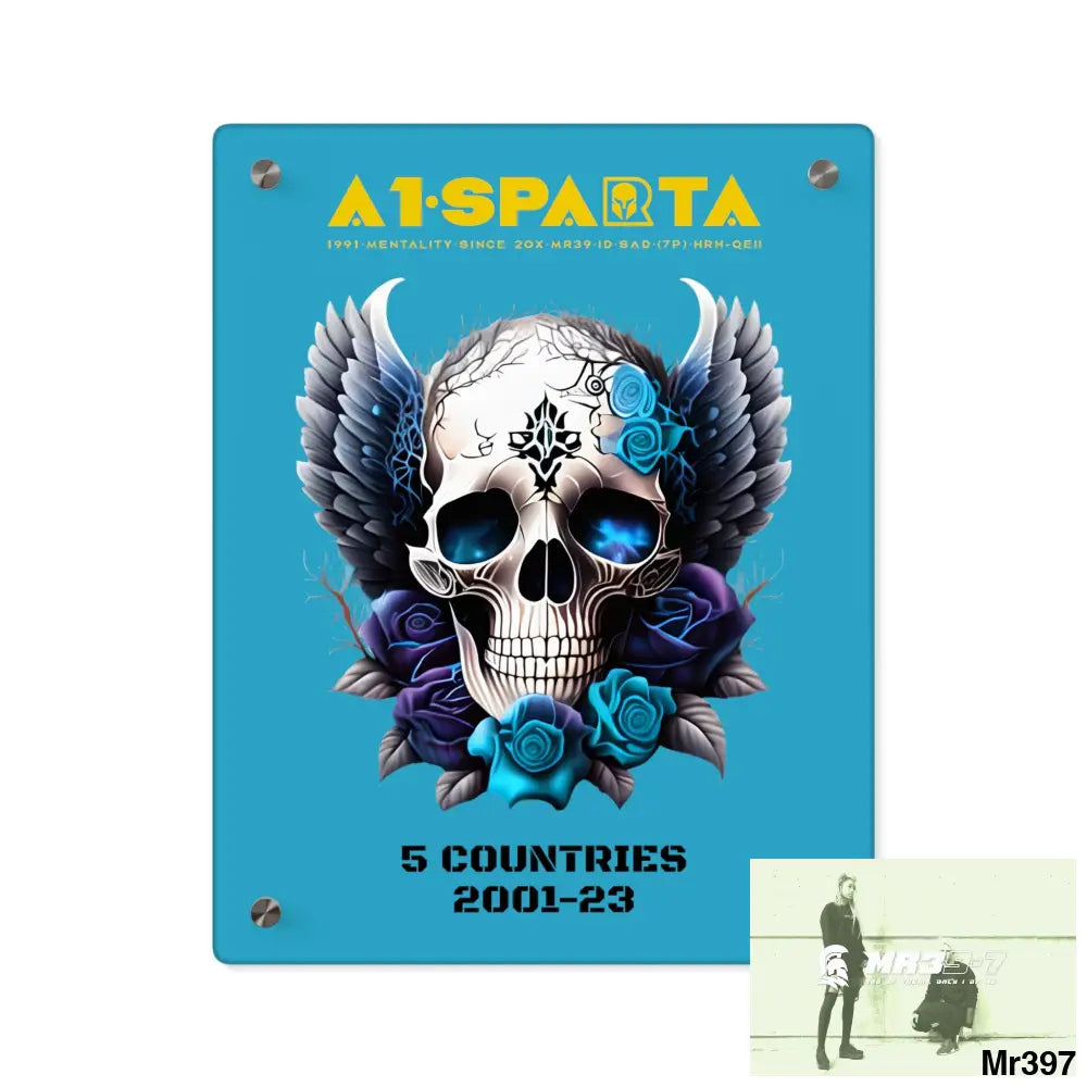 5 Countries 2001-23 A1Sparta Gothic skull wings and blue roses Acrylic Wall Art Panels 11″ x 14″ (Vertical) / 0.25’’