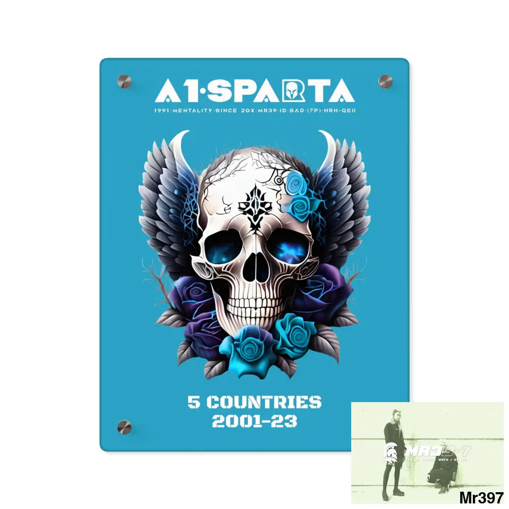 5 Countries 2001-23 A1Sparta Gothic skull wings and blue roses Acrylic Wall Art Panels 11″ x 14″ (Vertical) / 0.25’’
