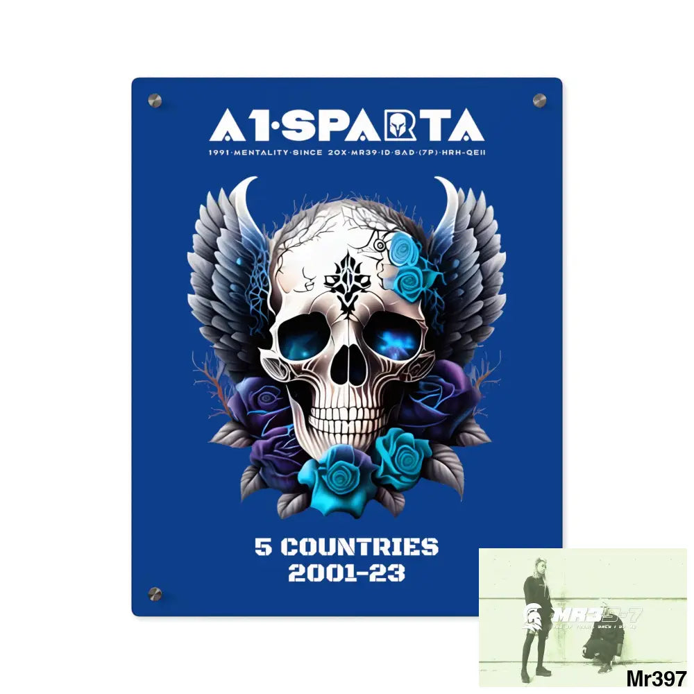 5 Countries 2001-23 A1Sparta Gothic skull wings and blue roses Acrylic Wall Art Panels 16″ x 20″ (Vertical) / 0.25’’