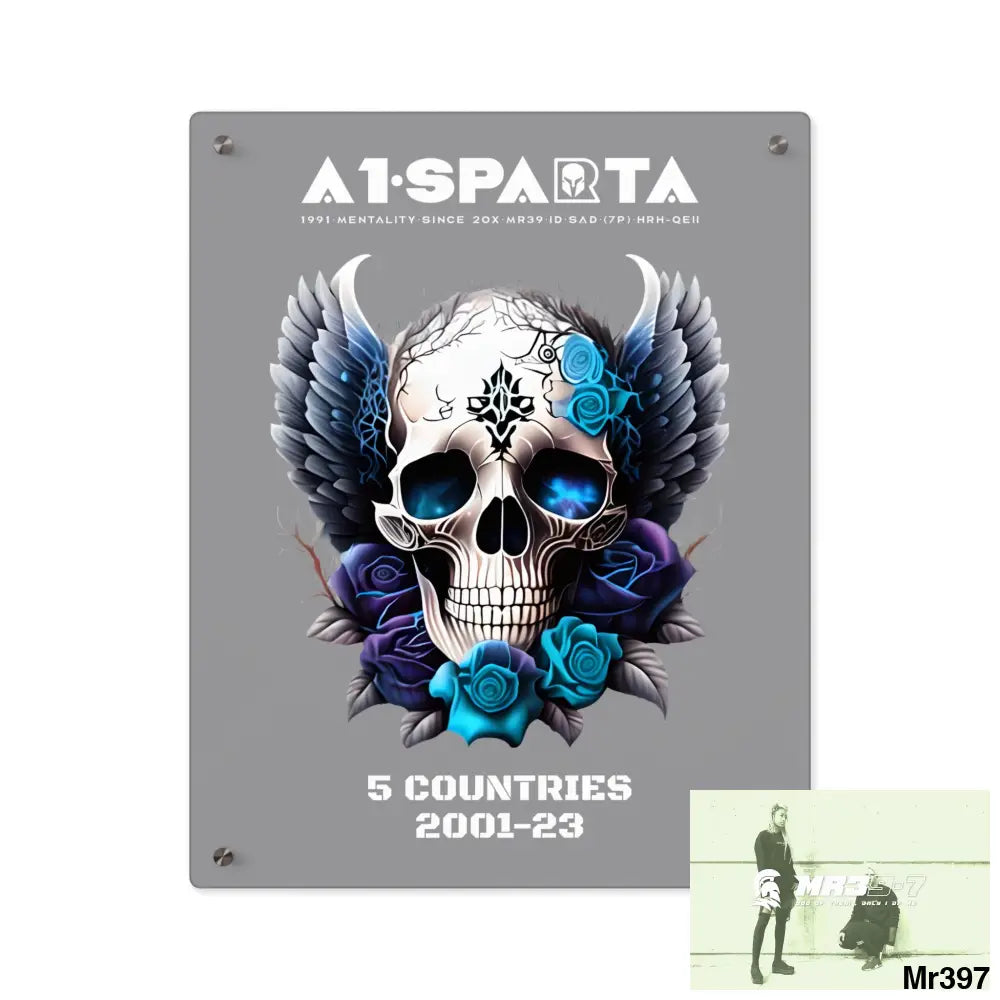 5 Countries 2001-23 A1Sparta Gothic skull wings and blue roses Acrylic Wall Art Panels 16″ x 20″ (Vertical) / 0.25’’