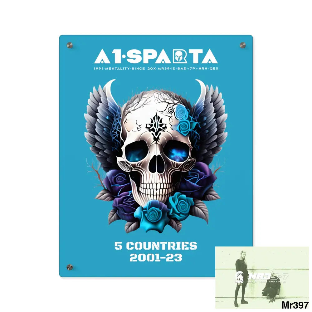 5 Countries 2001-23 A1Sparta Gothic skull wings and blue roses Acrylic Wall Art Panels 16″ x 20″ (Vertical) / 0.25’’