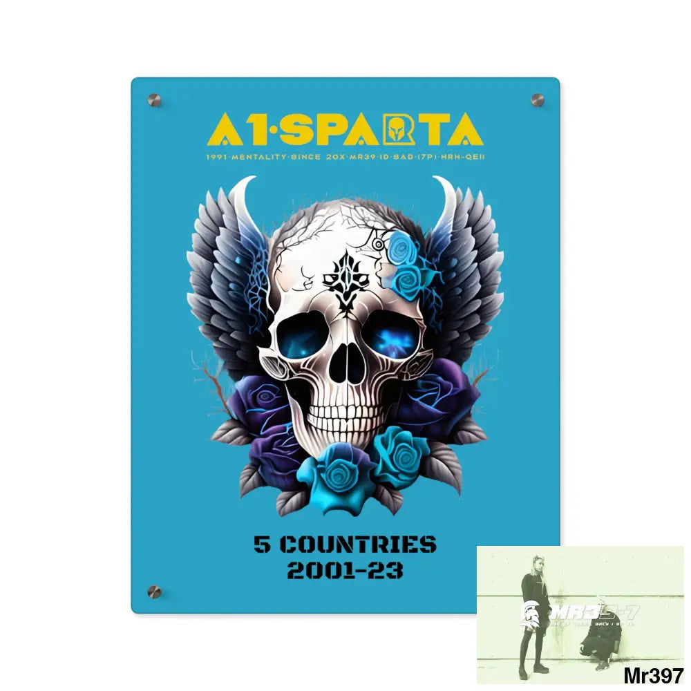 5 Countries 2001-23 A1Sparta Gothic skull wings and blue roses Acrylic Wall Art Panels 16″ x 20″ (Vertical) / 0.25’’