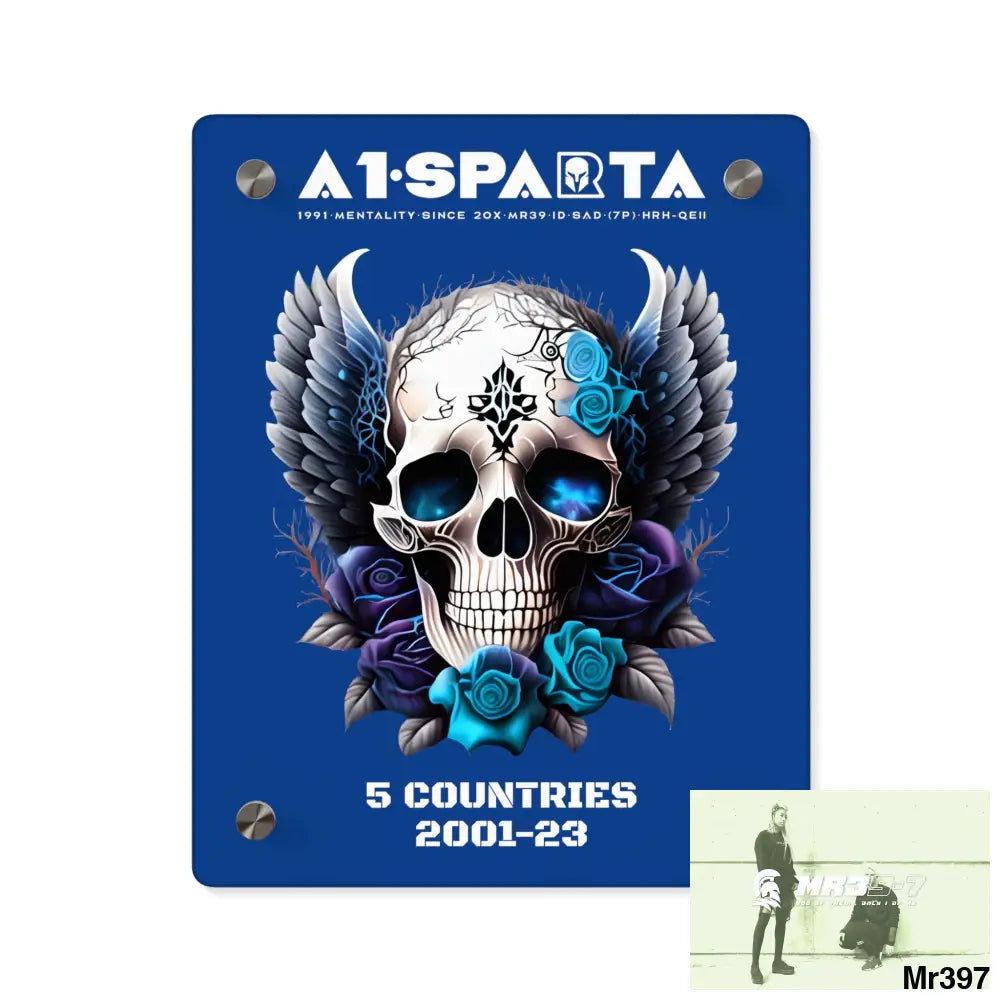 5 Countries 2001-23 A1Sparta Gothic skull wings and blue roses Acrylic Wall Art Panels 8″ x 10″ (Vertical) / 0.25’’