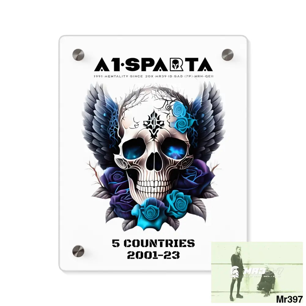 5 Countries 2001-23 A1Sparta Gothic skull wings and blue roses Acrylic Wall Art Panels 8″ x 10″ (Vertical) / 0.25’’