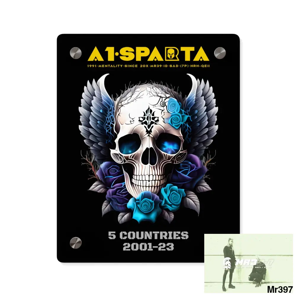 5 Countries 2001-23 A1Sparta Gothic skull wings and blue roses Acrylic Wall Art Panels 8″ x 10″ (Vertical) / 0.25’’