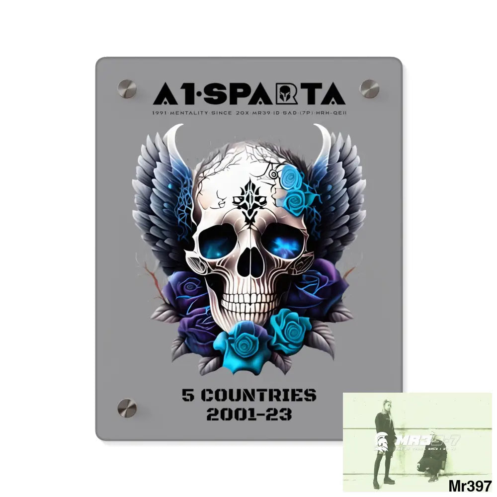 5 Countries 2001-23 A1Sparta Gothic skull wings and blue roses Acrylic Wall Art Panels 8″ x 10″ (Vertical) / 0.25’’