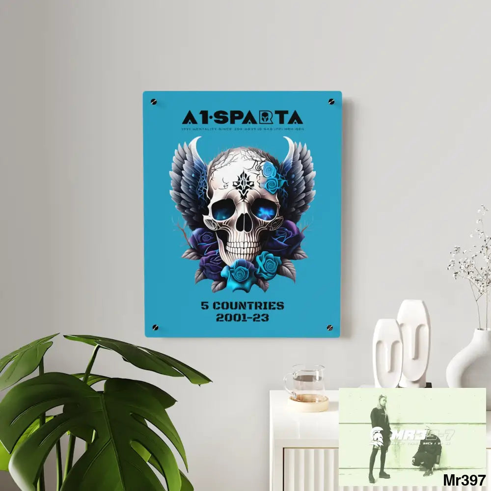 5 Countries 2001-23 A1Sparta Gothic skull wings and blue roses Acrylic Wall Art Panels Home Decor