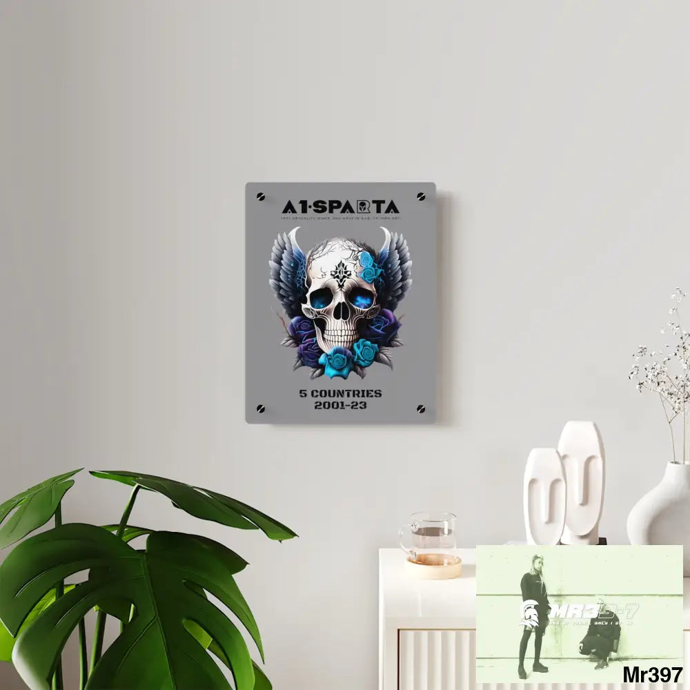 5 Countries 2001-23 A1Sparta Gothic skull wings and blue roses Acrylic Wall Art Panels Home Decor