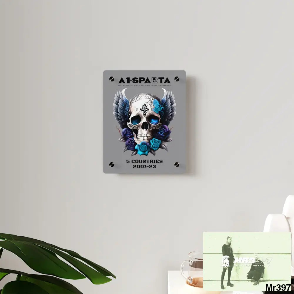 5 Countries 2001-23 A1Sparta Gothic skull wings and blue roses Acrylic Wall Art Panels Home Decor
