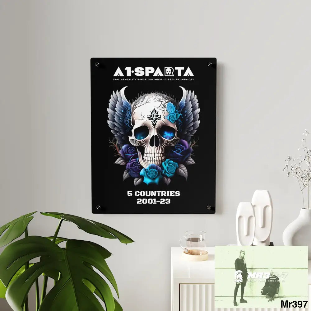 5 Countries 2001-23 A1Sparta Gothic skull wings and blue roses Acrylic Wall Art Panels Home Decor
