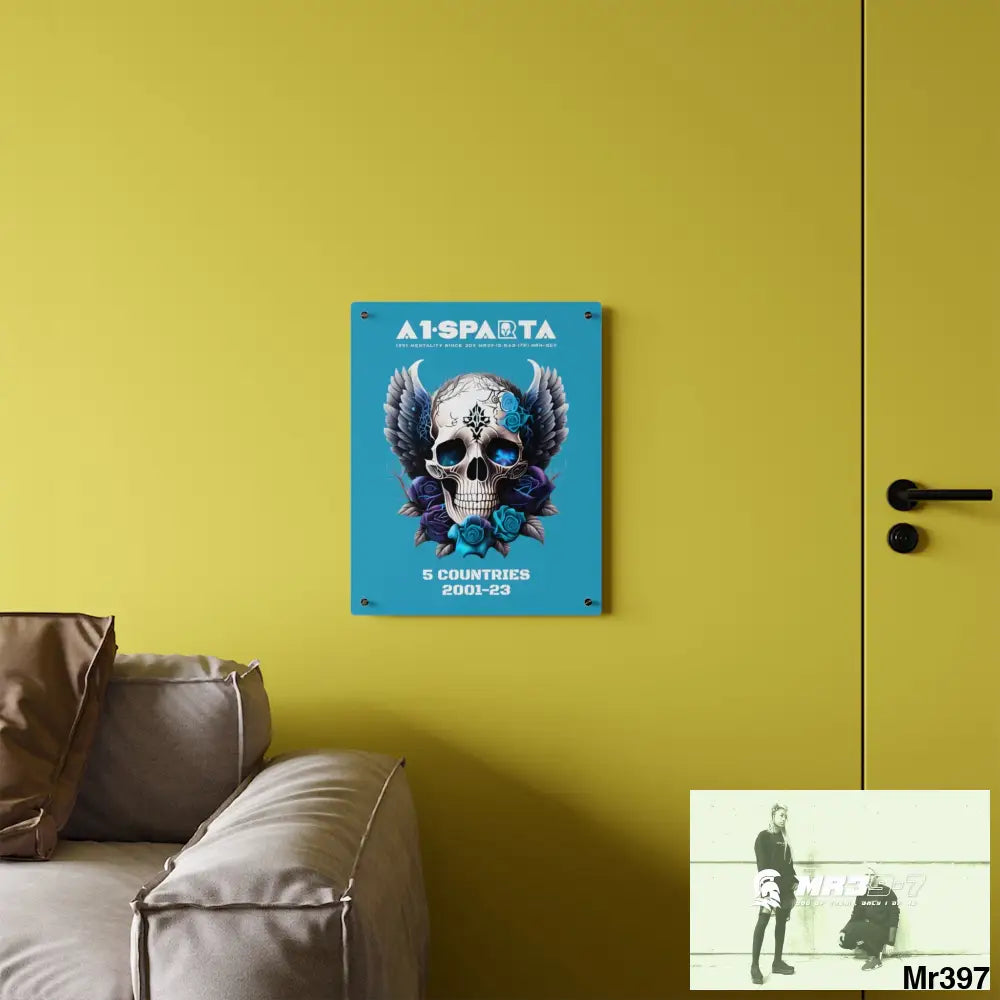 5 Countries 2001-23 A1Sparta Gothic skull wings and blue roses Acrylic Wall Art Panels Home Decor
