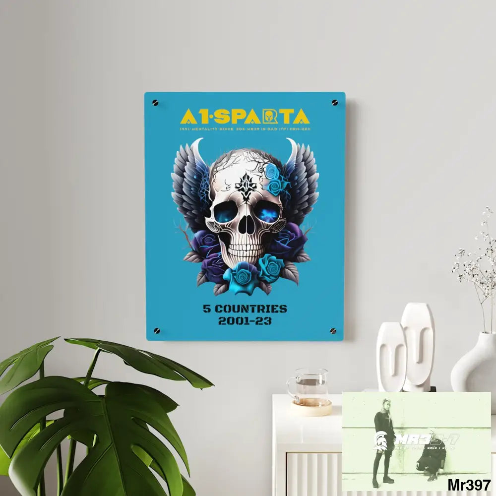 5 Countries 2001-23 A1Sparta Gothic skull wings and blue roses Acrylic Wall Art Panels Home Decor