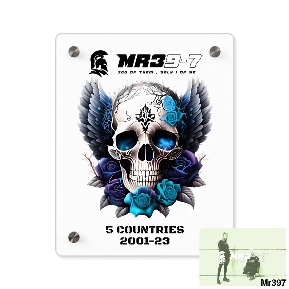 5 Countries 2001-23 Mr39-7 Gothic skull wings and blue roses Acrylic Wall Art Panels 8″ x 10″ (Vertical) / 0.25’’ Home