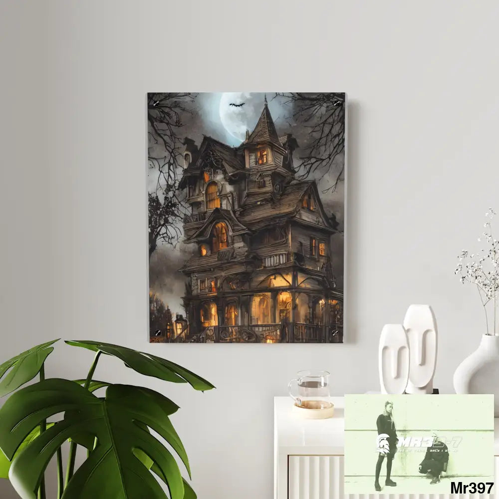 8k Creepy Halloween Background with Haunted House Acrylic Wall Art Panels Home Decor