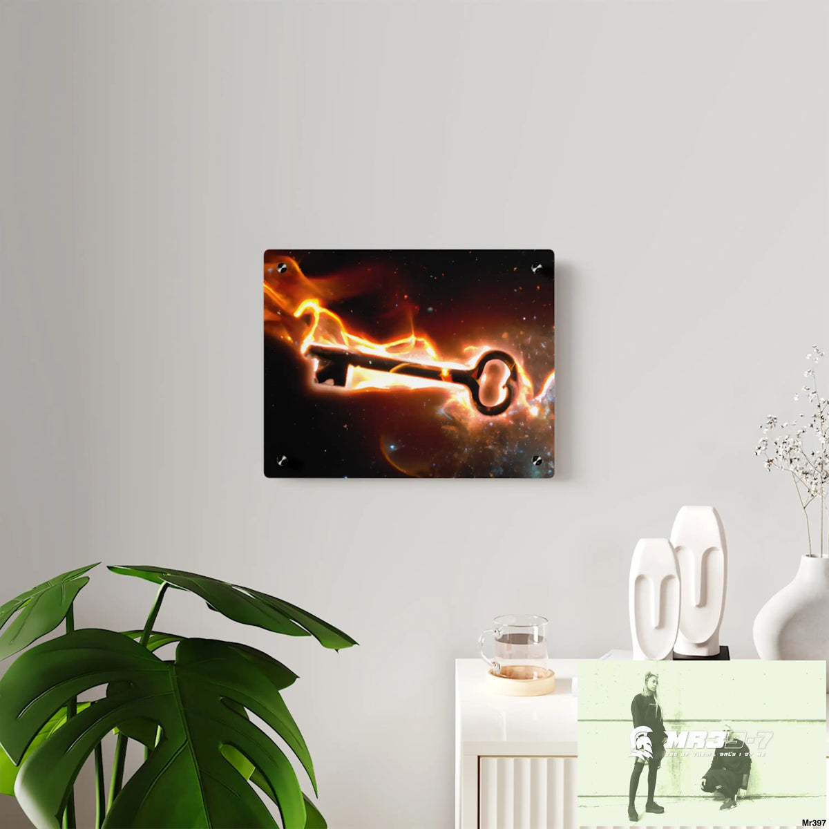 A Key on Fire in outer Space Acrylic Wall Art Panels Home Decor