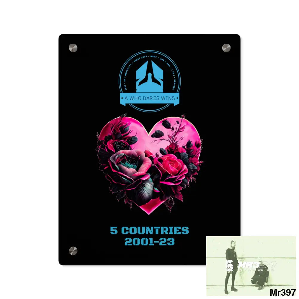 A Who Dares Wins 5 Countries 2001-23 Heart made of pink roses with black accents Acrylic Wall Art Panels 11″ x 14″