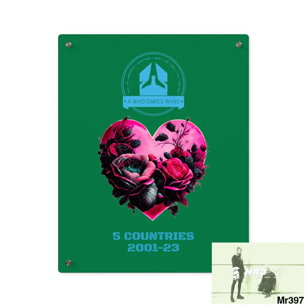 A Who Dares Wins 5 Countries 2001-23 Heart made of pink roses with black accents Acrylic Wall Art Panels 16″ x 20″