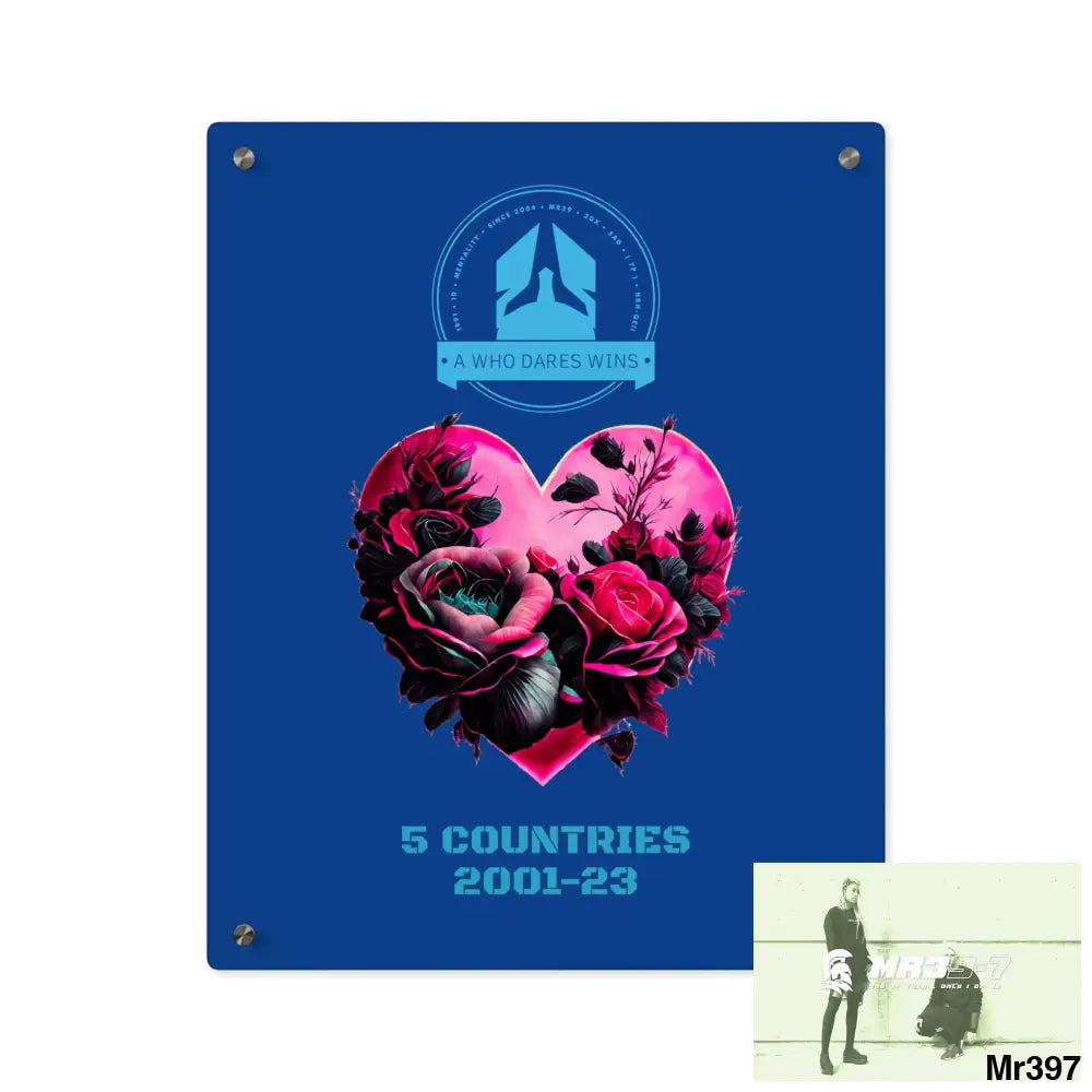 A Who Dares Wins 5 Countries 2001-23 Heart made of pink roses with black accents Acrylic Wall Art Panels 16″ x 20″
