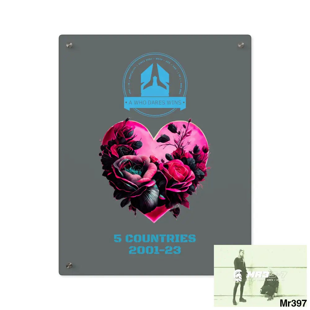 A Who Dares Wins 5 Countries 2001-23 Heart made of pink roses with black accents Acrylic Wall Art Panels 16″ x 20″