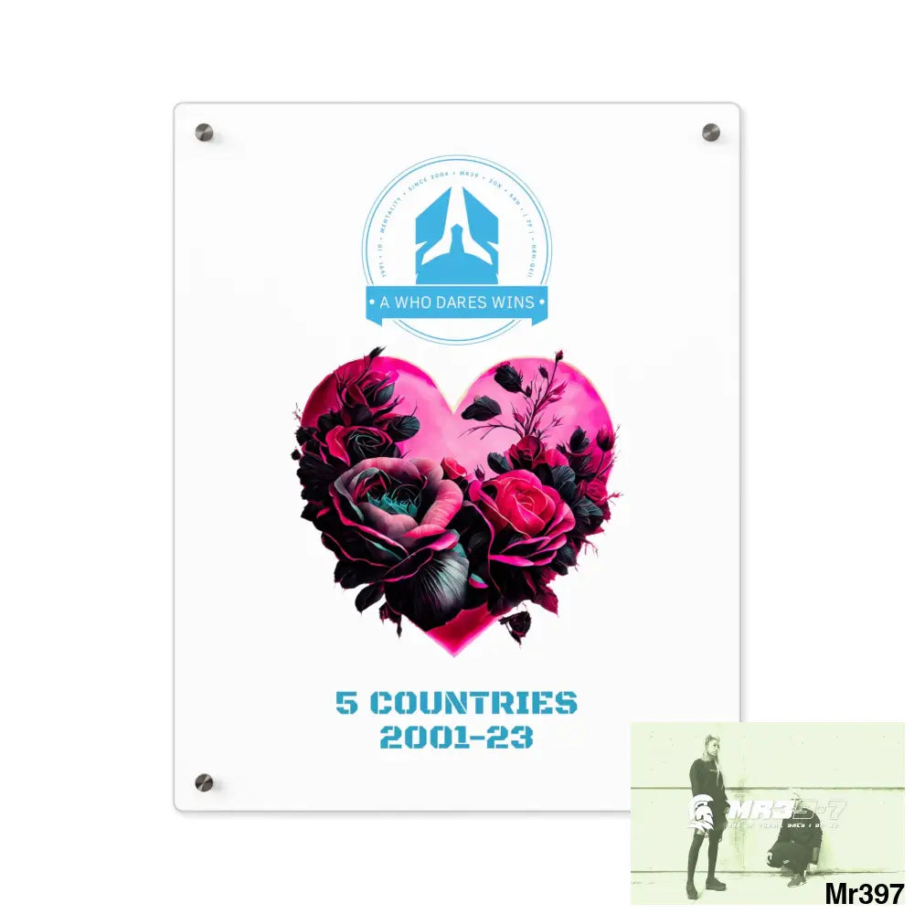 A Who Dares Wins 5 Countries 2001-23 Heart made of pink roses with black accents Acrylic Wall Art Panels 16″ x 20″