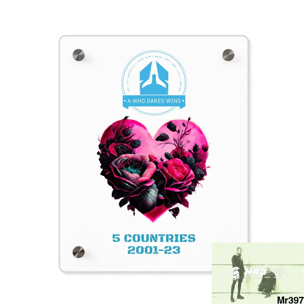 A Who Dares Wins 5 Countries 2001-23 Heart made of pink roses with black accents Acrylic Wall Art Panels 8″ x 10″