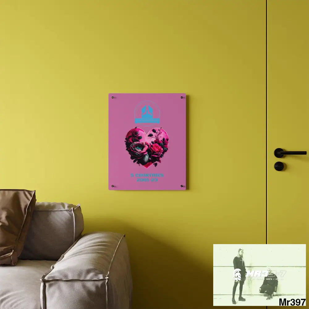 A Who Dares Wins 5 Countries 2001-23 Heart made of pink roses with black accents Acrylic Wall Art Panels Home Decor