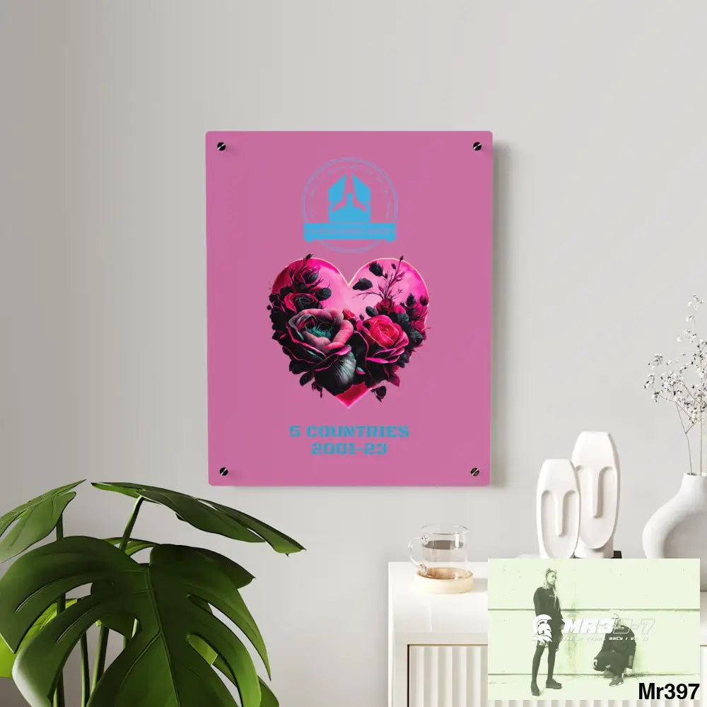 A Who Dares Wins 5 Countries 2001-23 Heart made of pink roses with black accents Acrylic Wall Art Panels Home Decor