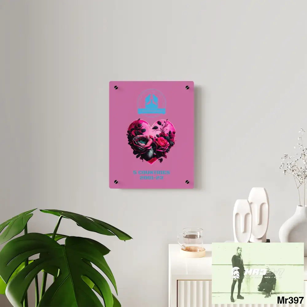 A Who Dares Wins 5 Countries 2001-23 Heart made of pink roses with black accents Acrylic Wall Art Panels Home Decor