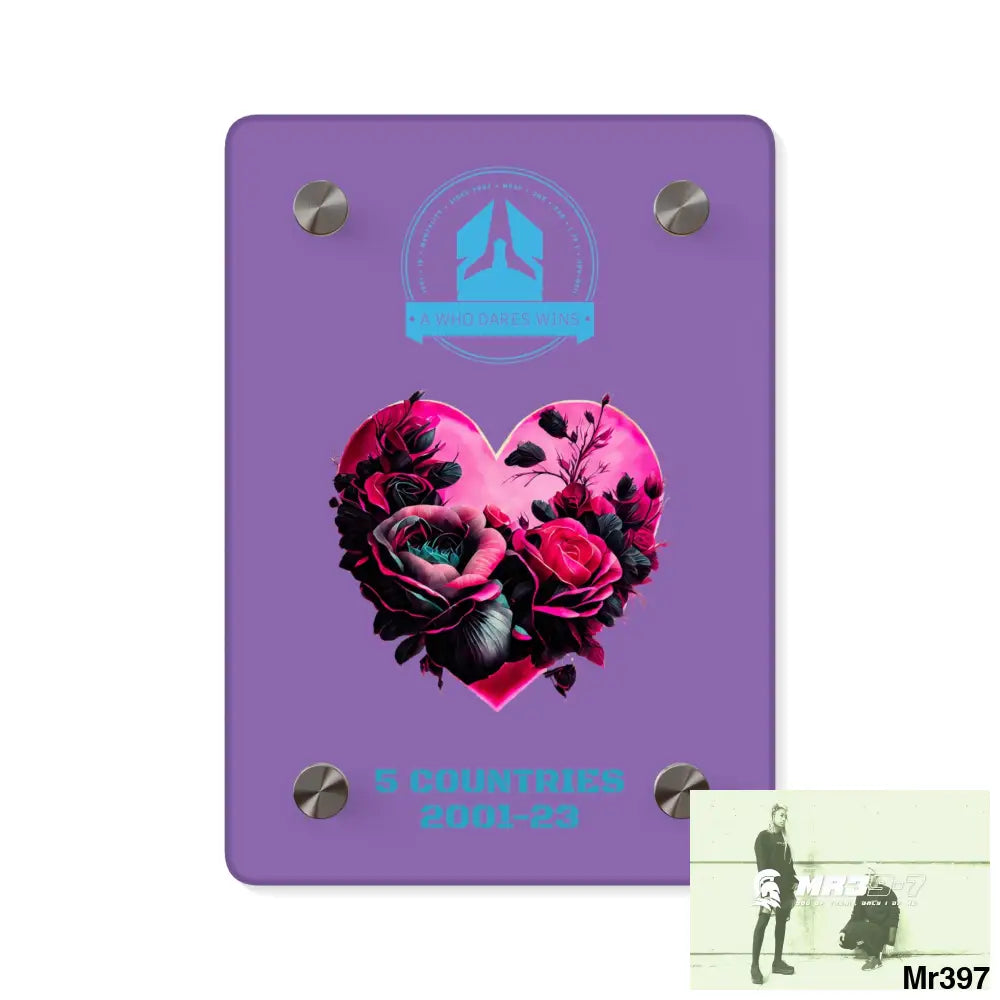 A Who Dares Wins 5 Countries 2001-23 Heart made of pink roses with black accents Acrylic Wall Art Panels 5’’ x 7’’