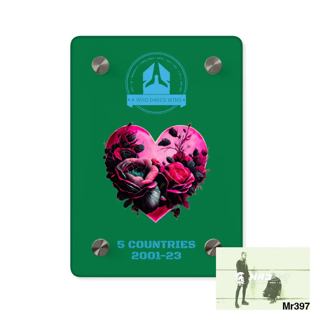 A Who Dares Wins 5 Countries 2001-23 Heart made of pink roses with black accents Acrylic Wall Art Panels 5’’ x 7’’
