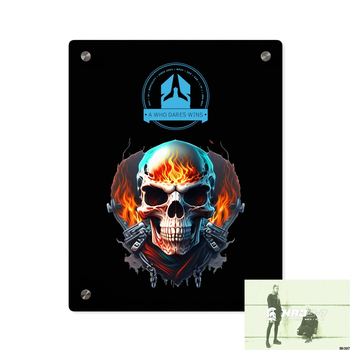A Who Dares Wins Flame Biker Skull Graphic Acrylic Wall Art Panels 11″ x 14″ (Vertical) / 0.25’’ Home Decor