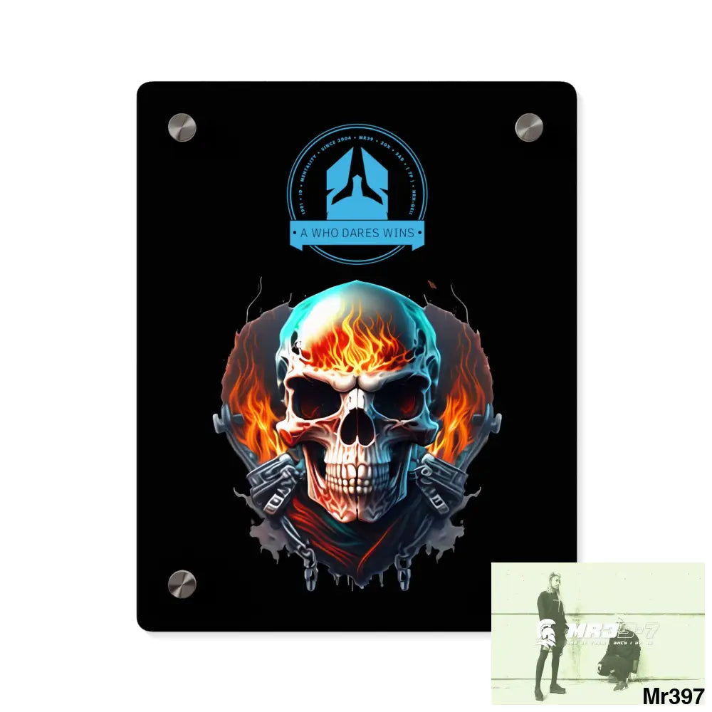 A Who Dares Wins Flame Biker Skull Graphic Acrylic Wall Art Panels 8″ x 10″ (Vertical) / 0.25’’ Home Decor
