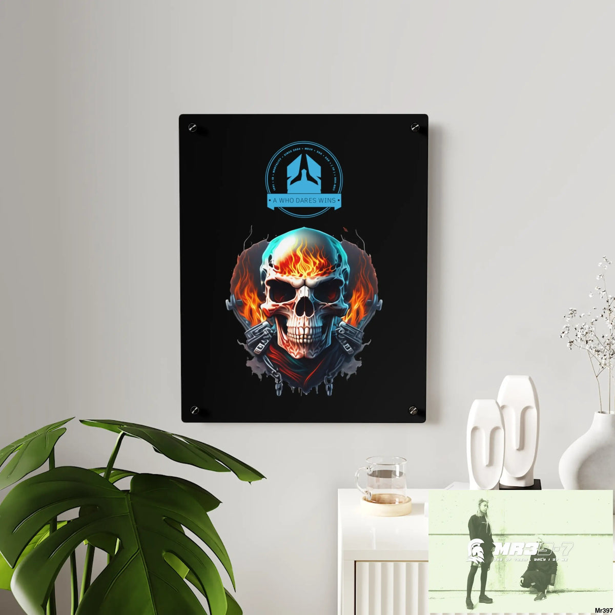 A Who Dares Wins Flame Biker Skull Graphic Acrylic Wall Art Panels Home Decor