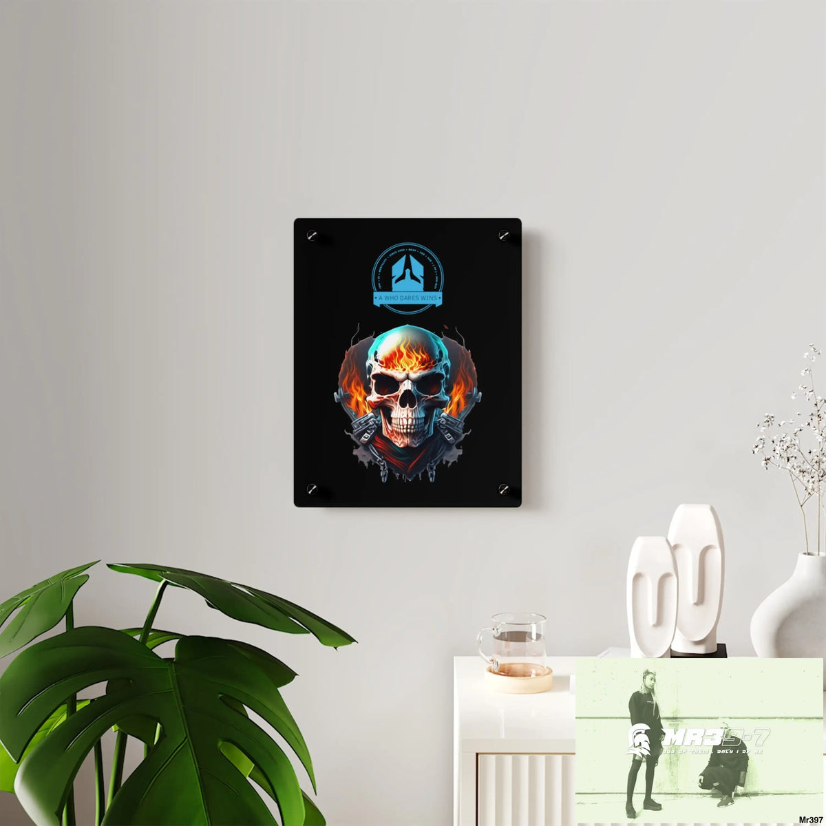 A Who Dares Wins Flame Biker Skull Graphic Acrylic Wall Art Panels Home Decor