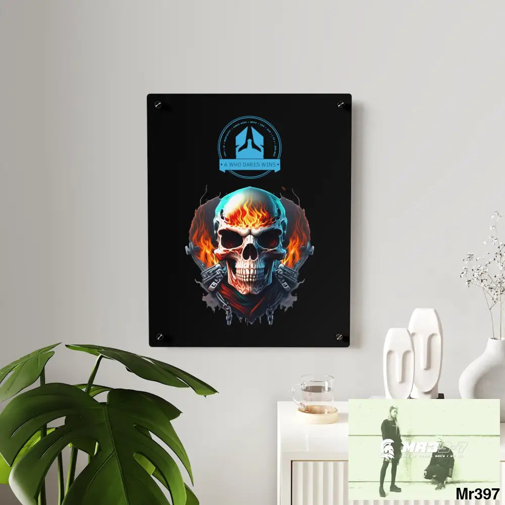 A Who Dares Wins Flame Biker Skull Graphic Acrylic Wall Art Panels Home Decor