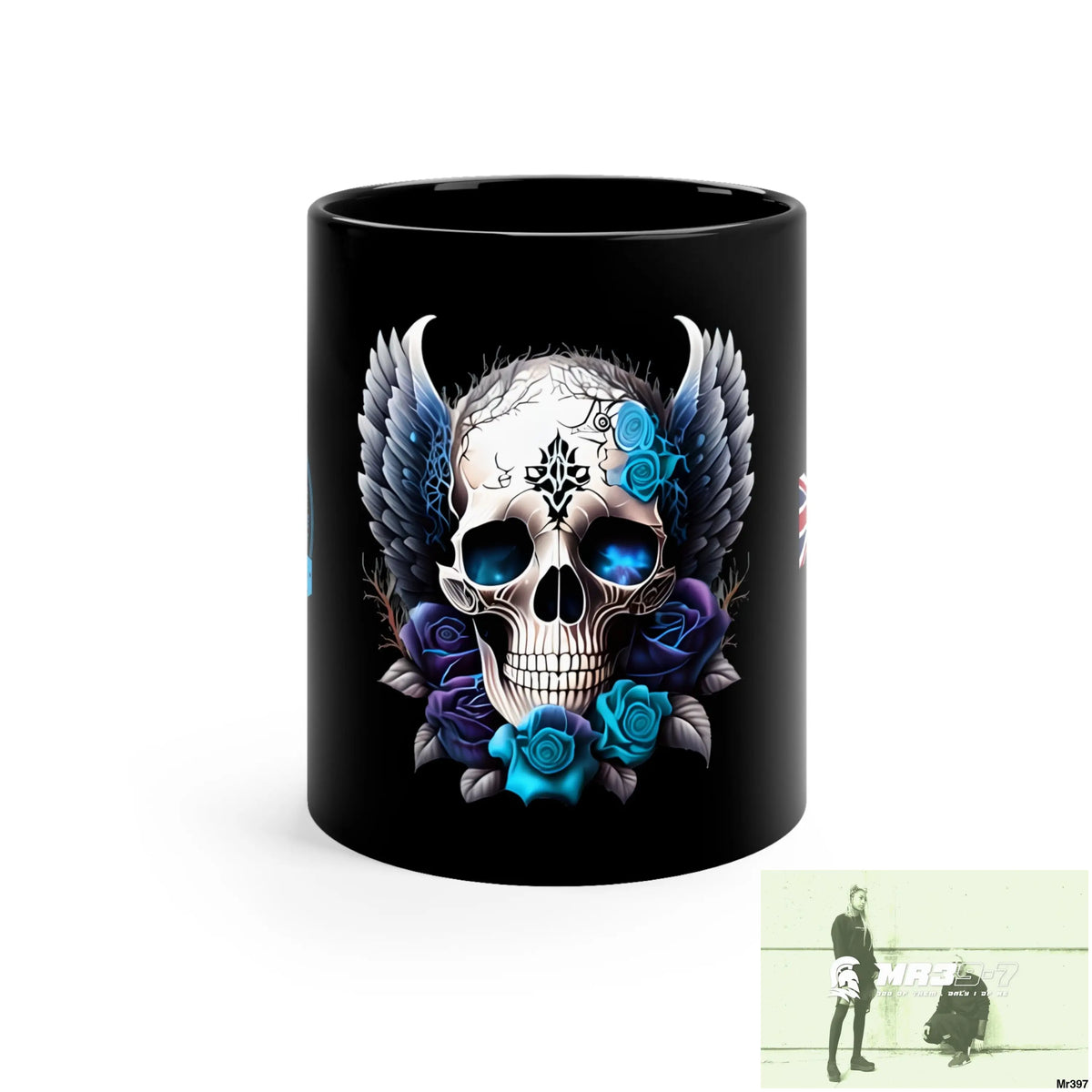 A Who Dares Wins GBR Gothic Skull with Black Wings and Blue Roses 11oz Black Mug 11oz Mug