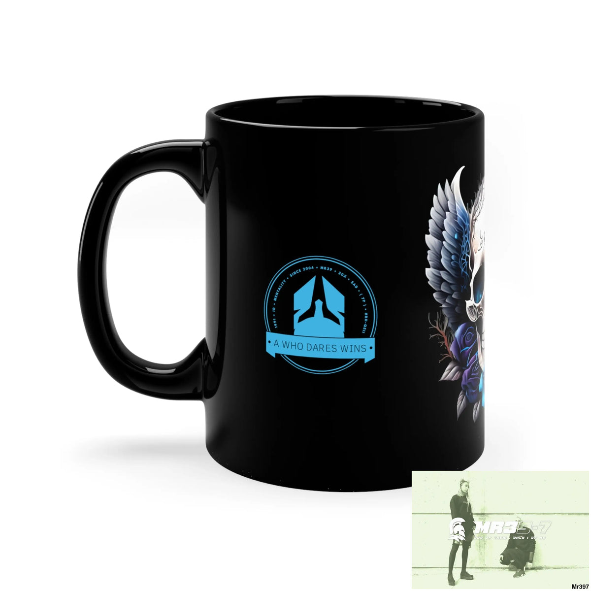 A Who Dares Wins GBR Gothic Skull with Black Wings and Blue Roses 11oz Black Mug 11oz Mug