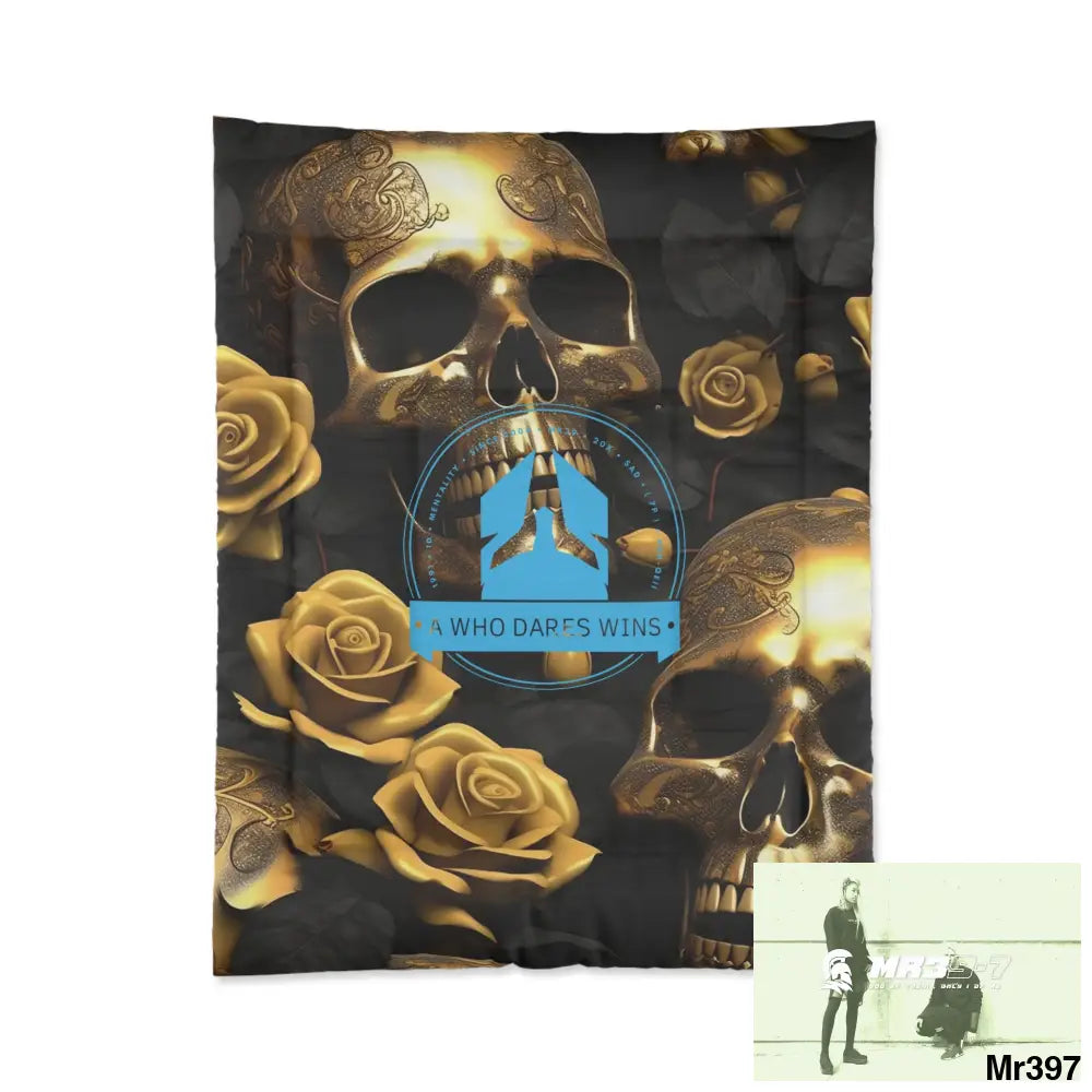 A Who dares Wins Gold Skulls & Roses Comforter 68’’ × 88’’ Home Decor