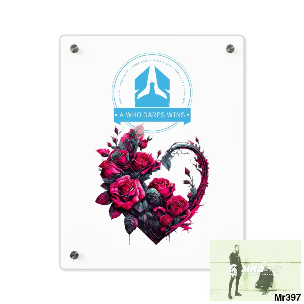A Who Dares Wins Heart made of Pink Roses on Black Background Acrylic Wall Art Panels 11″ x 14″ (Vertical) / 0.25’’