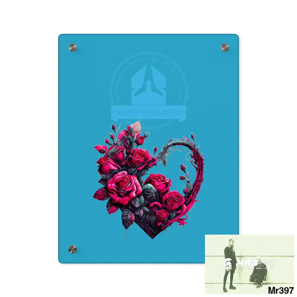 A Who Dares Wins Heart made of Pink Roses on Black Background Acrylic Wall Art Panels 11″ x 14″ (Vertical) / 0.25’’