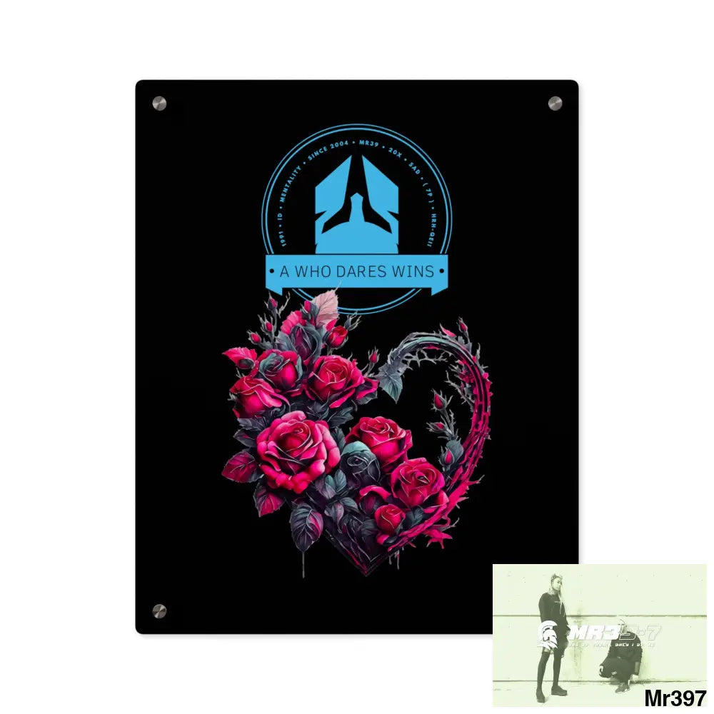 A Who Dares Wins Heart made of Pink Roses on Black Background Acrylic Wall Art Panels 16″ x 20″ (Vertical) / 0.25’’