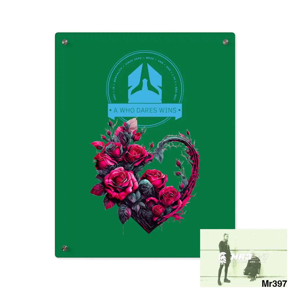 A Who Dares Wins Heart made of Pink Roses on Black Background Acrylic Wall Art Panels 16″ x 20″ (Vertical) / 0.25’’