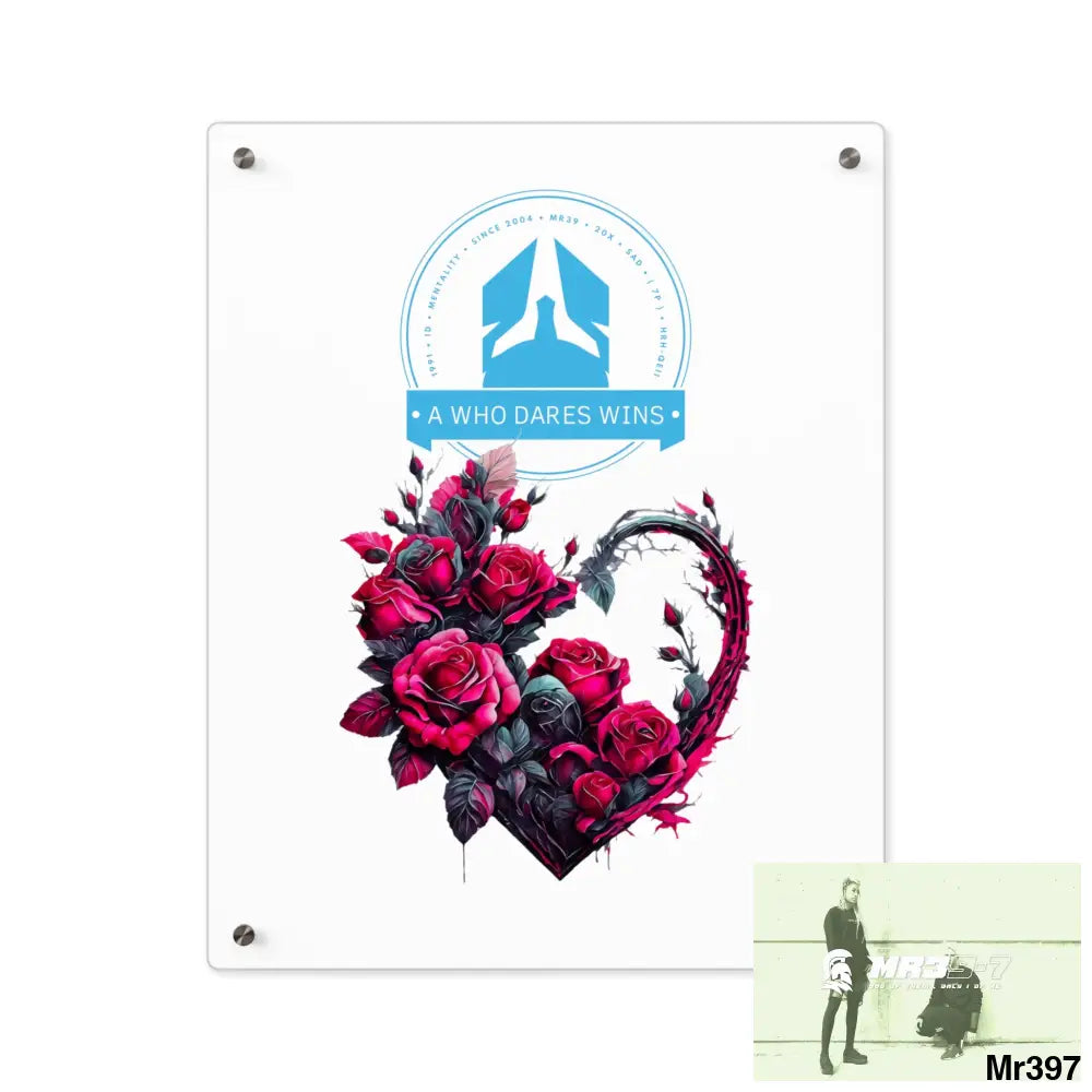 A Who Dares Wins Heart made of Pink Roses on Black Background Acrylic Wall Art Panels 16″ x 20″ (Vertical) / 0.25’’