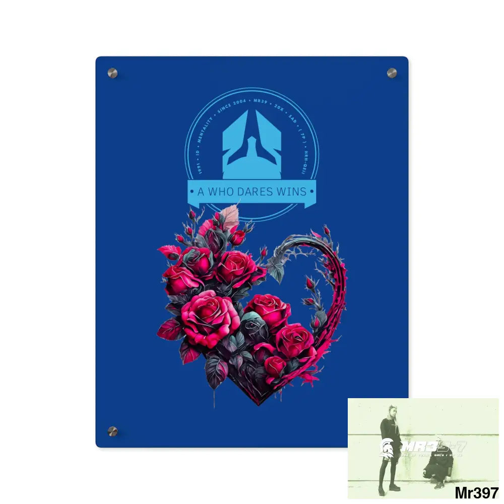 A Who Dares Wins Heart made of Pink Roses on Black Background Acrylic Wall Art Panels 16″ x 20″ (Vertical) / 0.25’’