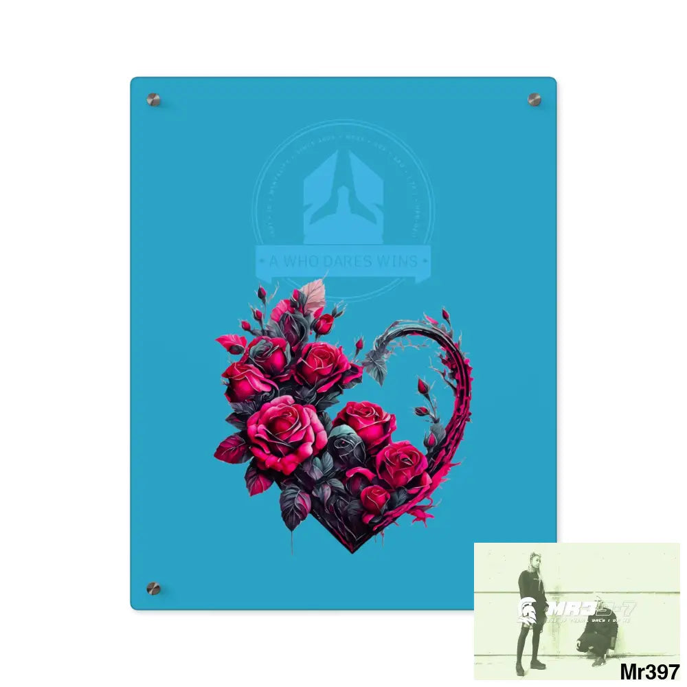 A Who Dares Wins Heart made of Pink Roses on Black Background Acrylic Wall Art Panels 16″ x 20″ (Vertical) / 0.25’’