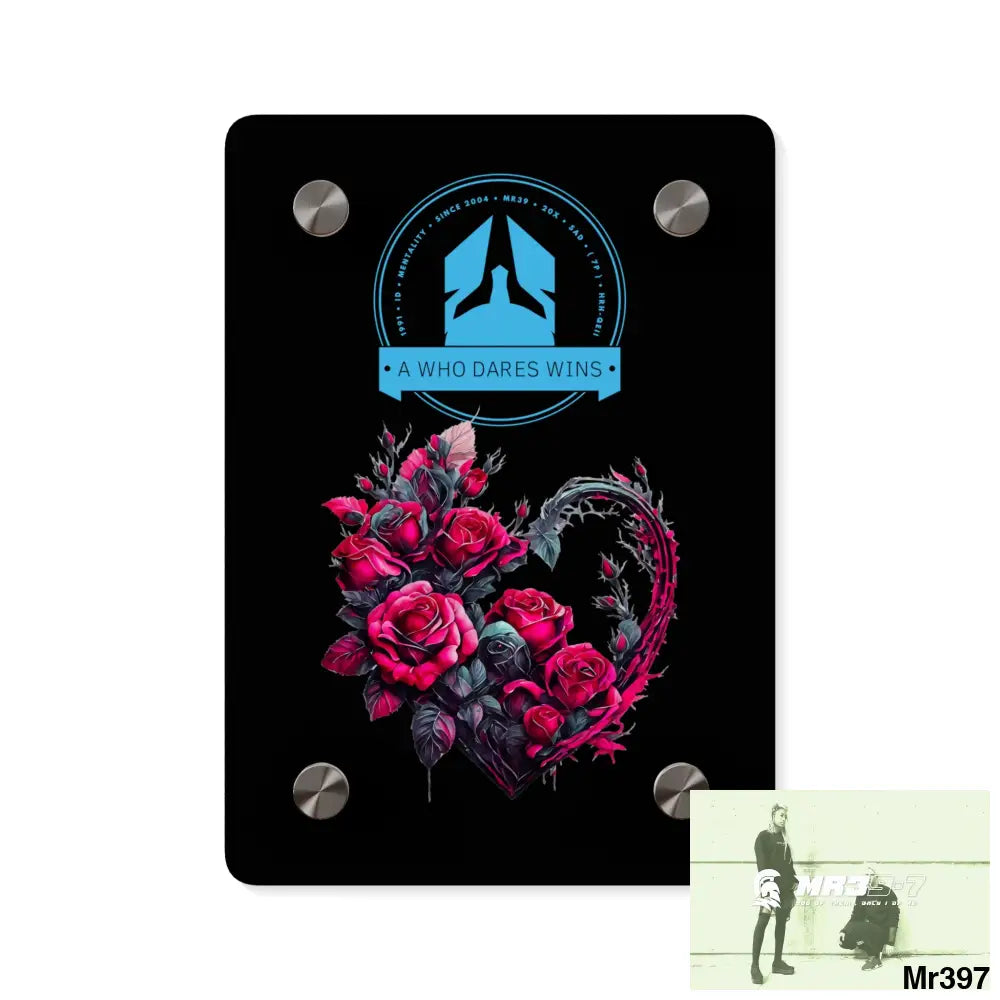 A Who Dares Wins Heart made of Pink Roses on Black Background Acrylic Wall Art Panels 5’’ x 7’’ (Vertical) / 0.25’’