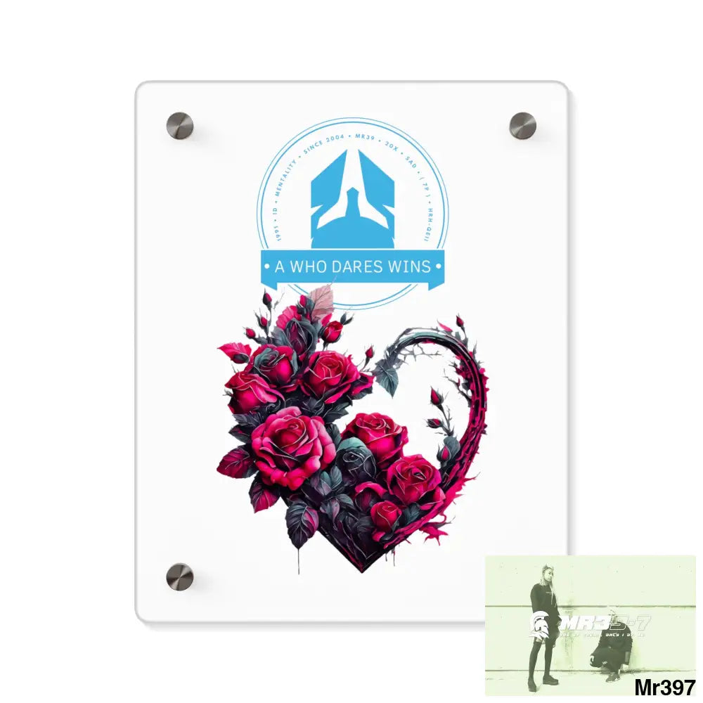A Who Dares Wins Heart made of Pink Roses on Black Background Acrylic Wall Art Panels 8″ x 10″ (Vertical) / 0.25’’ Home