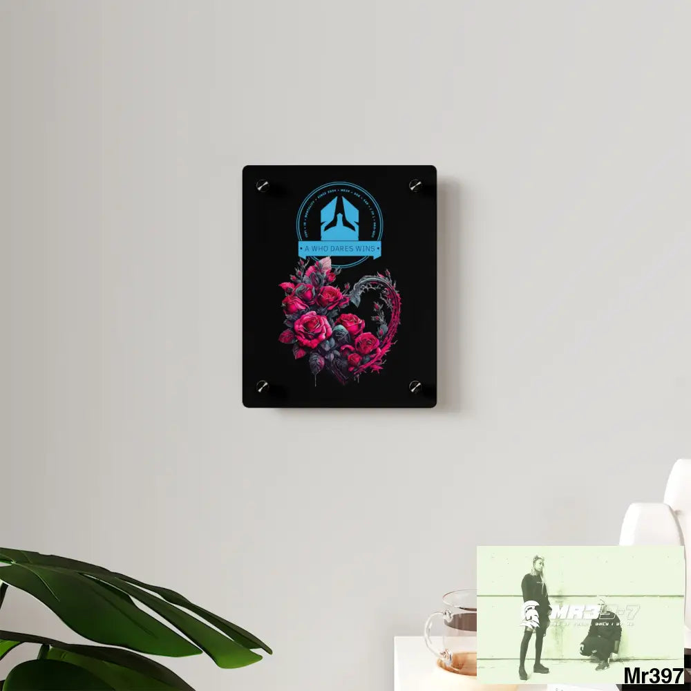 A Who Dares Wins Heart made of Pink Roses on Black Background Acrylic Wall Art Panels Home Decor